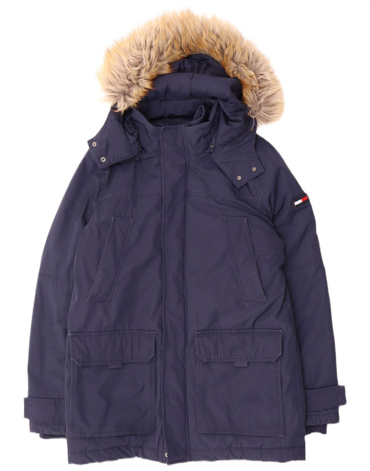 Jaqueta Parka masculina com capuz Tommy Hilfiger Reino Unido 38 poliéster azul marinho médio