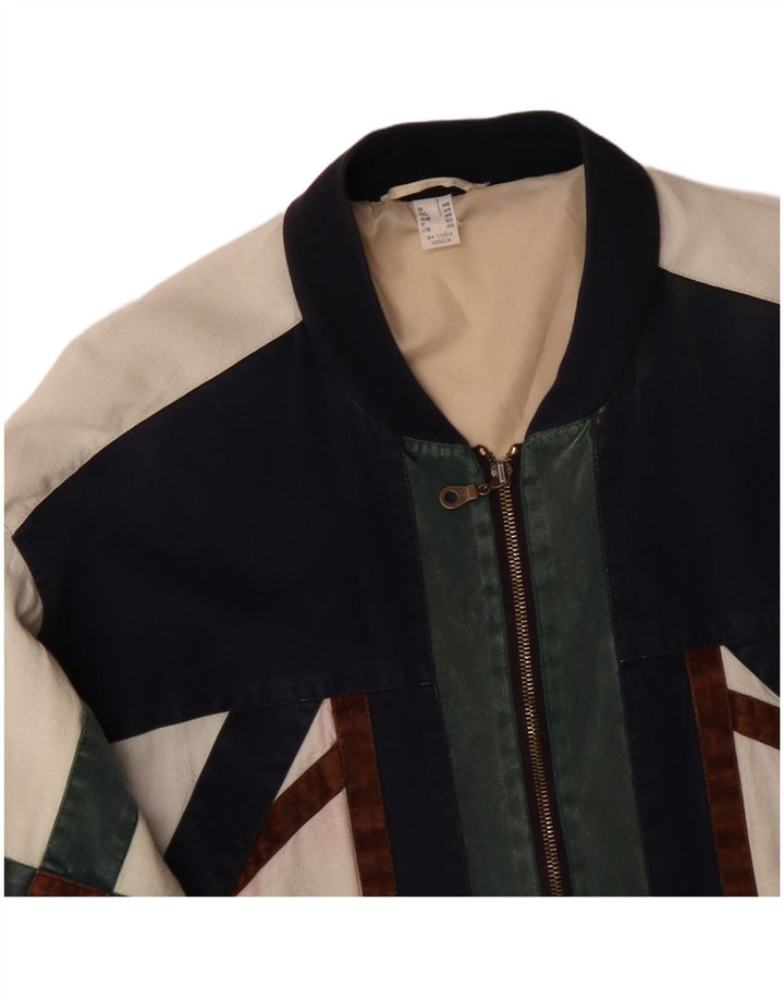 Jaqueta bomber masculina VINTAGE de ajuste solto Reino Unido 36 pequeno bloco colorido branco