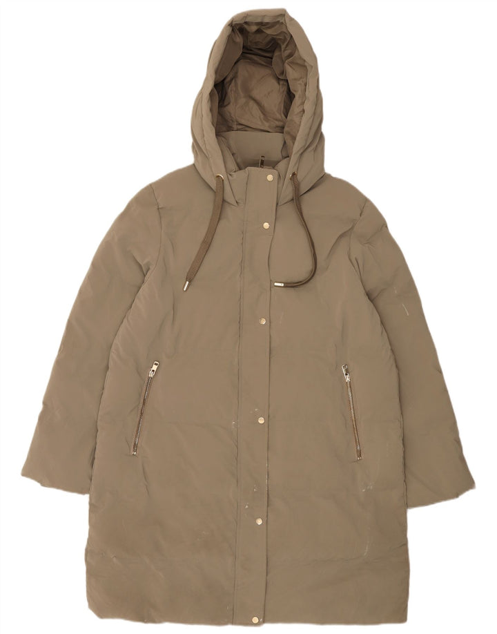 Casaco acolchoado com capuz feminino Zara UK 18 XL cáqui poliéster