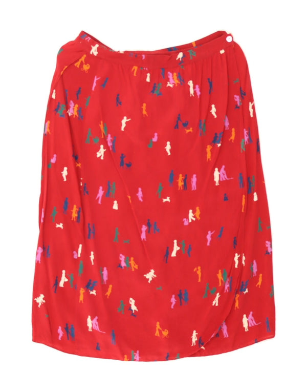 Saia reta feminina vintage com padrão abstrato W34 seda vermelha grande