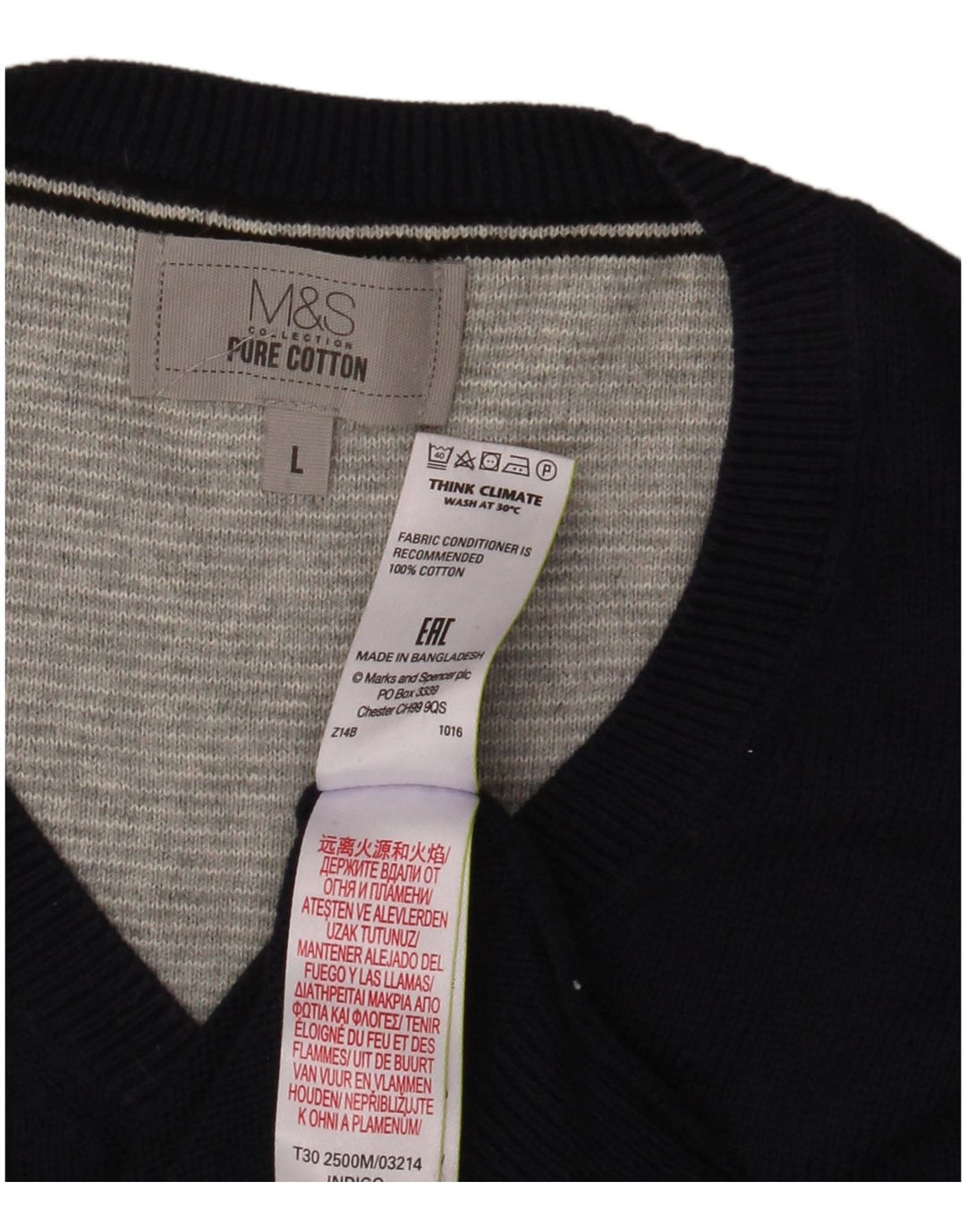 Suéter masculino Marks & Spencer com decote em V grande algodão azul marinho