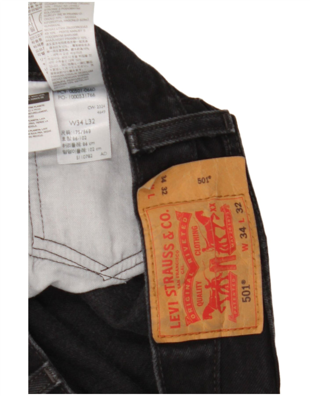 Calça jeans masculina Levi's 501 Straight W34 L32 algodão preto
