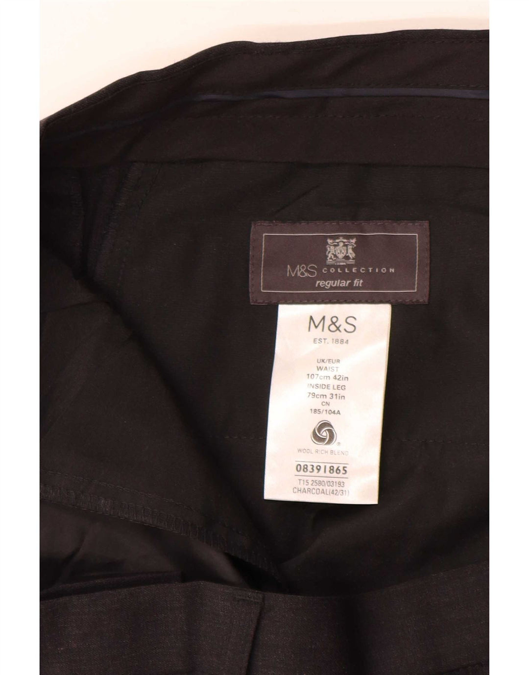Calça masculina de ajuste regular Marks & Spencer W42 L31 lã cinza