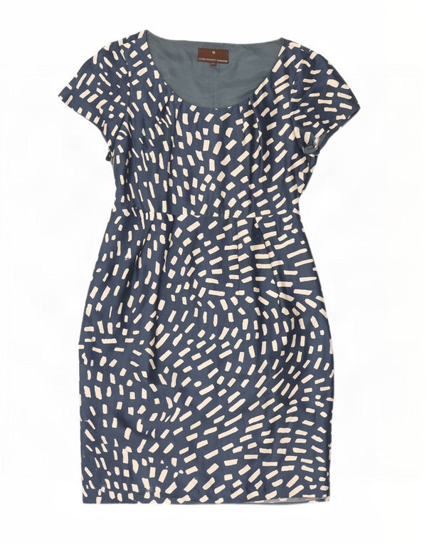 Vestido bainha feminino Fenn Wright Manson Reino Unido 14 seda geométrica azul médio