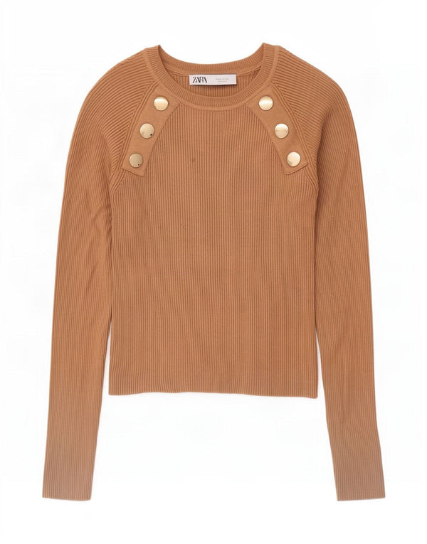 Suéter feminino Zara com gola redonda e gola redonda Reino Unido 12 viscose bege médio