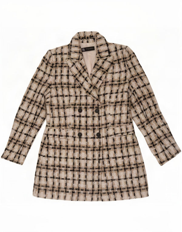 Jaqueta blazer feminina Zara com peito duplo Reino Unido 12 acrílico xadrez bege médio
