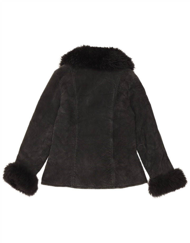 Jaqueta feminina vintage de camurça sherpa Reino Unido 10 couro preto pequeno
