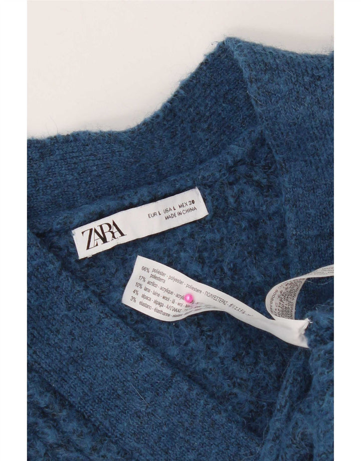 Zara Suéter Cardigan Feminino Crop Oversized Reino Unido 16 Grande Poliéster Azul