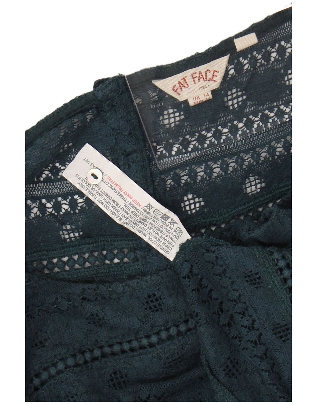 FAT FACE Blusa feminina de renda manga 3/4 Top Reino Unido 14 grande algodão floral verde