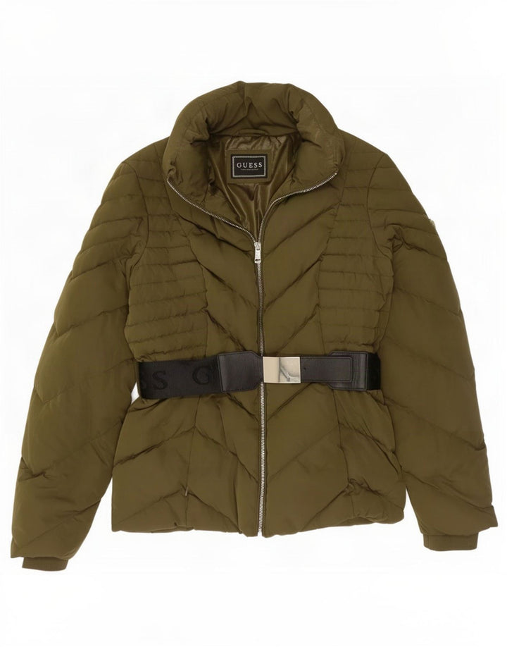 Jaqueta feminina acolchoada gráfica Guess UK 12 poliéster cáqui médio