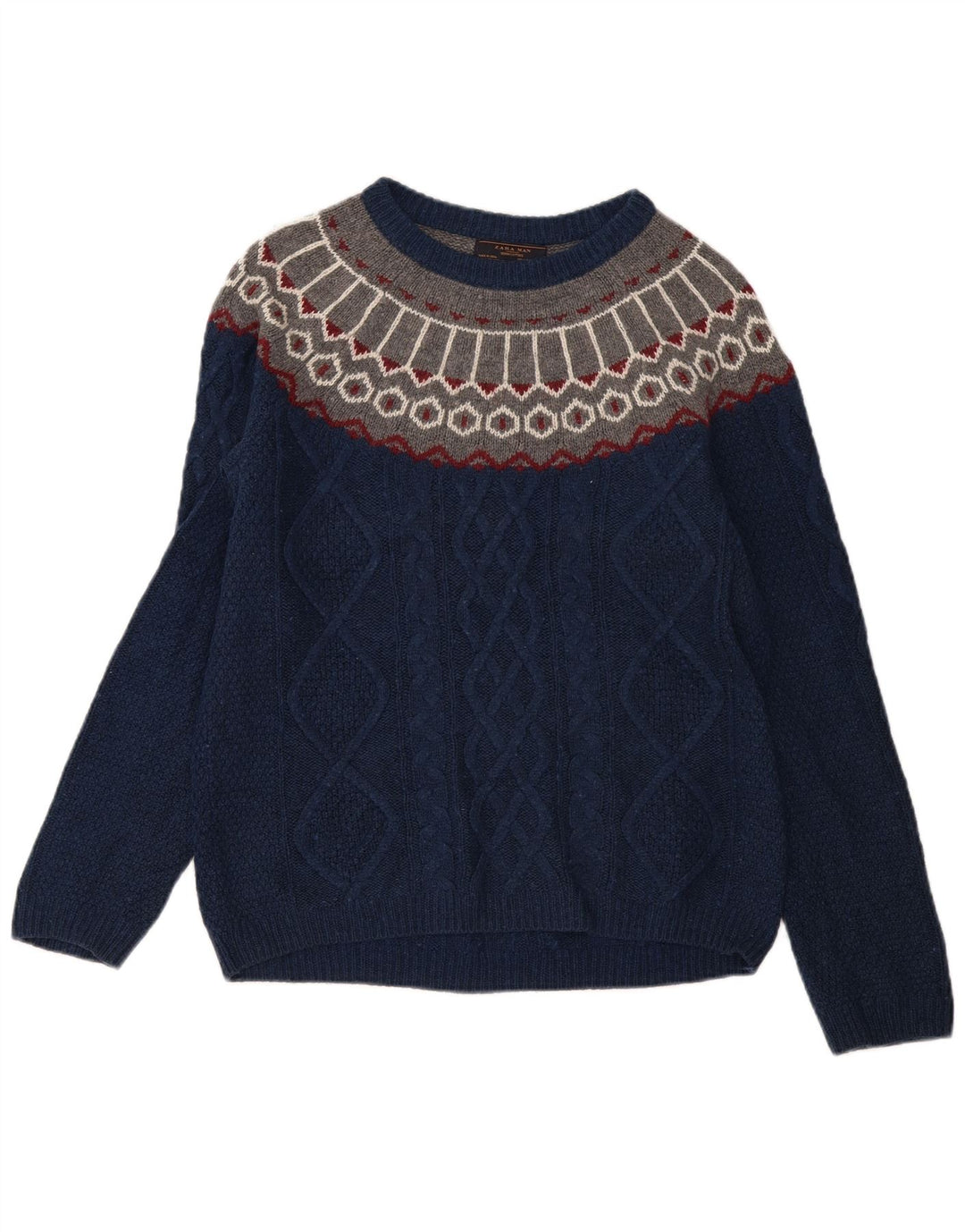 Zara Suéter masculino com gola canoa médio azul marinho Fair Isle