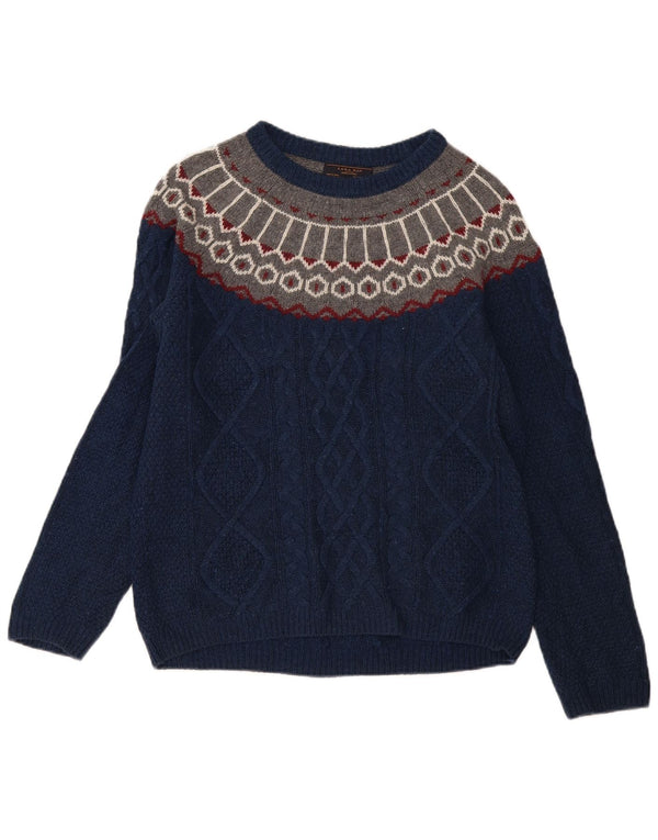 Zara Suéter masculino com gola canoa médio azul marinho Fair Isle