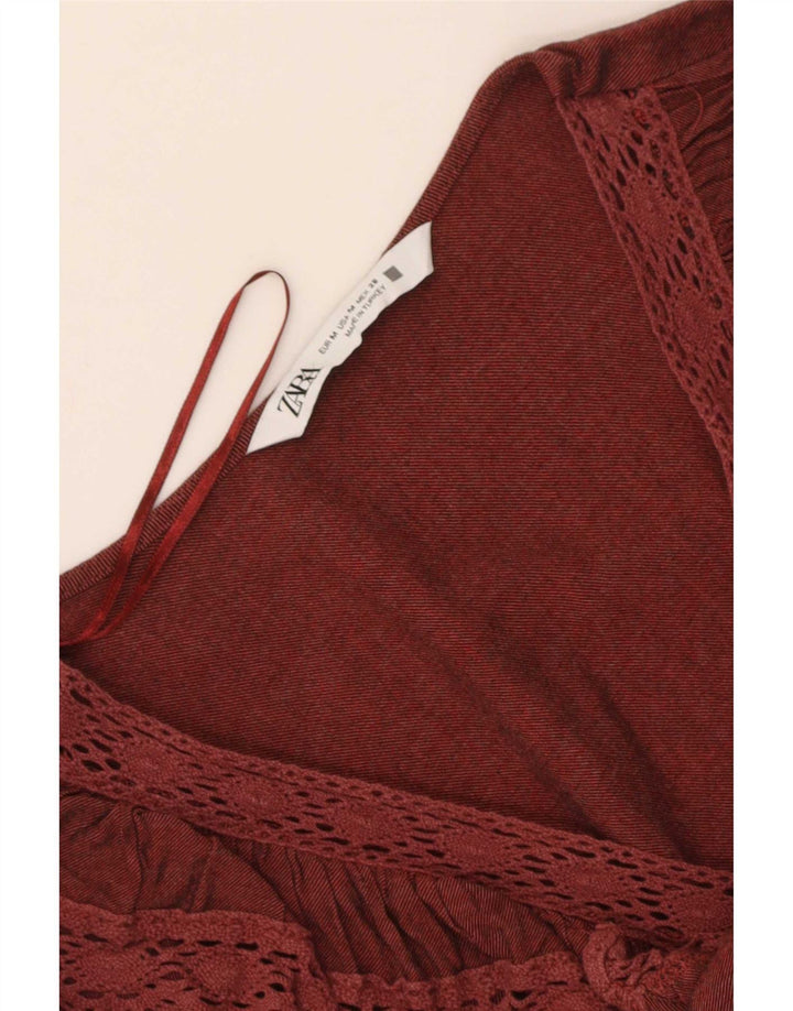 Blusa feminina de manga comprida com babados na frente da Zara Reino Unido 12 médio marrom