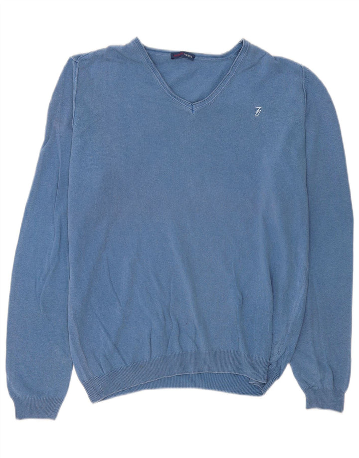 Trussardi Jeans Suéter masculino com gola V e algodão azul médio