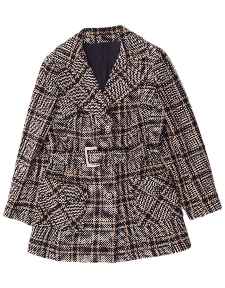 Sobretudo feminino vintage UK 10 pequeno xadrez azul marinho