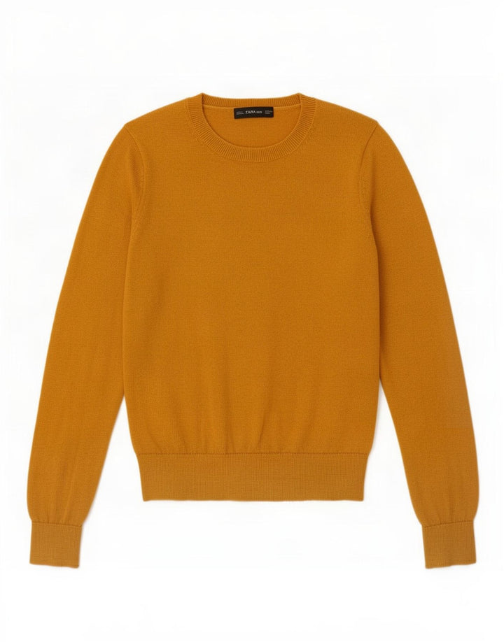 Zara Suéter feminino cropped com gola redonda Reino Unido 10 pequeno poliéster amarelo