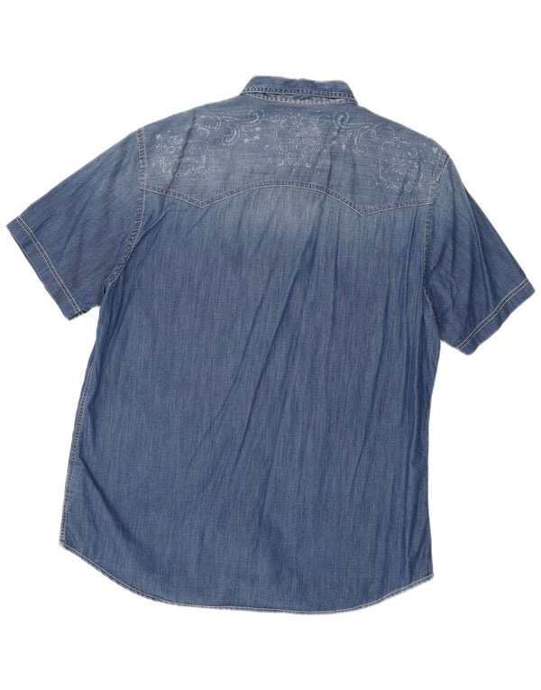 Marlboro Classics Mens Slim Fit Camisa Jeans de Manga Curta 3XL Azul Paisley