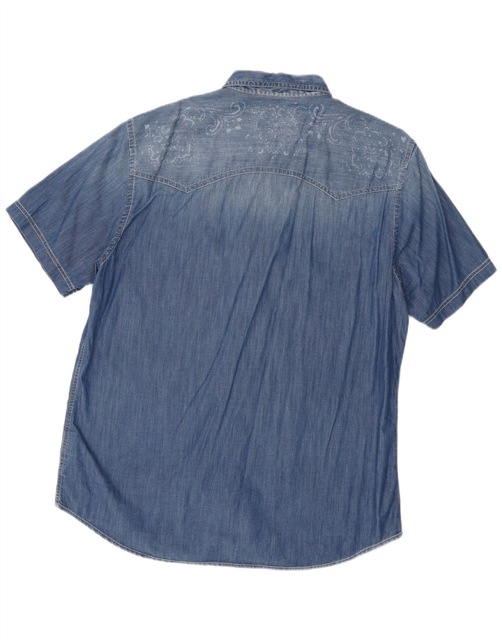 Marlboro Classics Mens Slim Fit Camisa Jeans de Manga Curta 3XL Azul Paisley