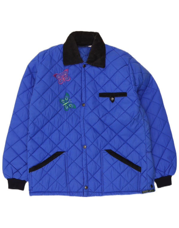 Jaqueta acolchoada masculina vintage Reino Unido 36 pequena borboleta acrílica colorblock azul