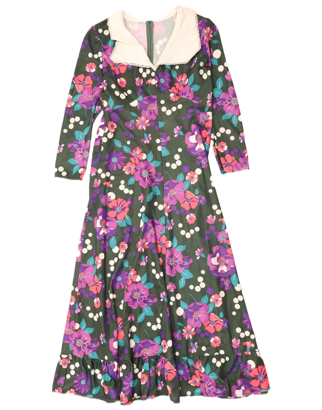 Vestido maxi feminino VINTAGE de manga comprida Reino Unido 14 grande floral multicolorido