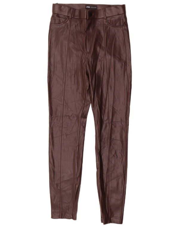 Zara Calça feminina skinny de couro sintético médio W28 L29 marrom poliuretano