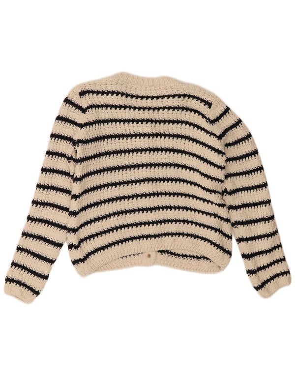 Suéter cardigã feminino Zara UK 14 algodão listrado branco médio
