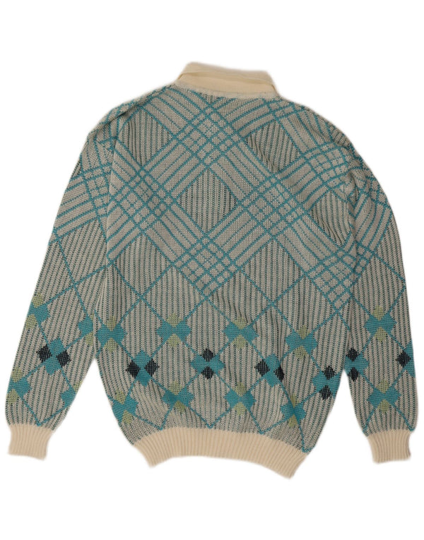Suéter masculino vintage com gola polo e azul médio geométrico
