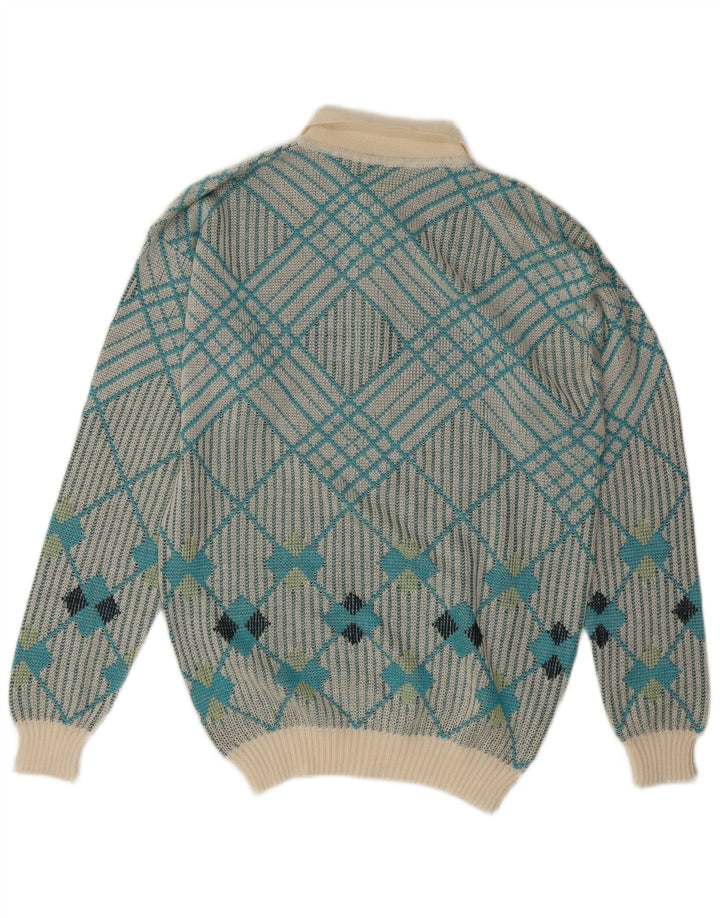 Suéter masculino vintage com gola polo e azul médio geométrico