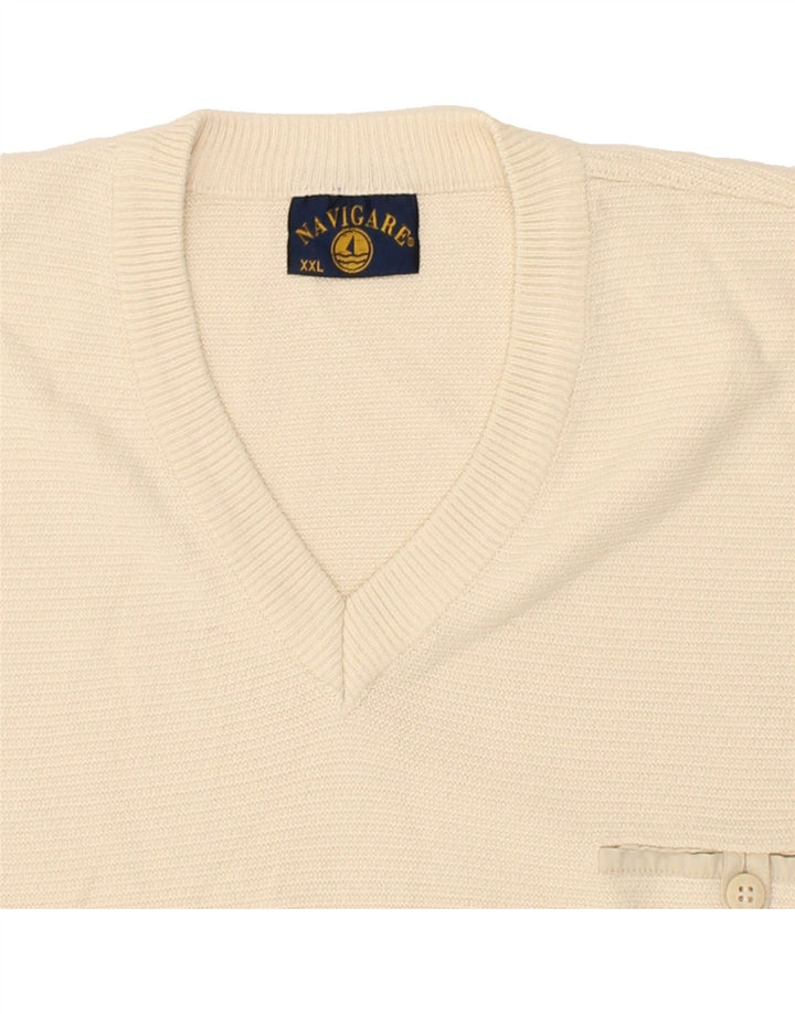 NAVIGARE Mens V-Neck Jumper Sweater 2XL Beige Cotton Vintage Navigare and Second-Hand Navigare from Messina Hembry 