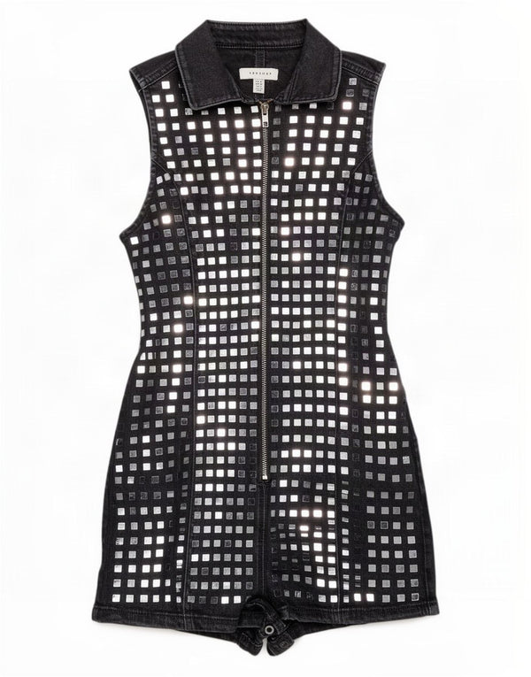 Topshop feminino sem mangas jeans playsuit Reino Unido 8 pequeno algodão preto