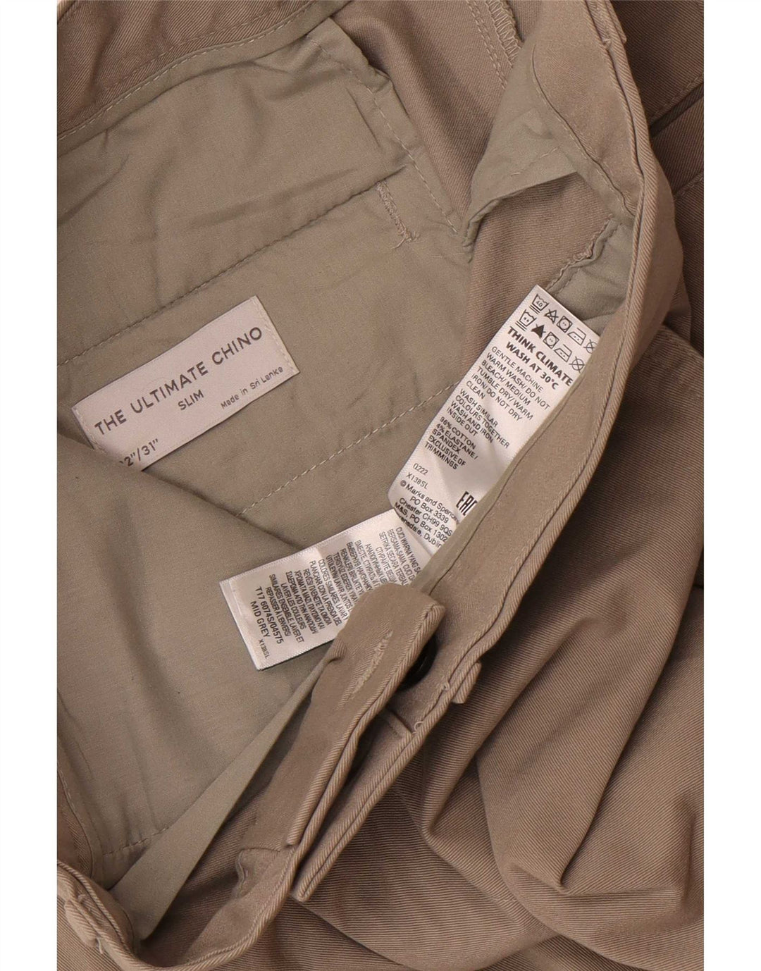 Calça Chino Masculina Slim Marks & Spencer W32 L31 Algodão Cinza