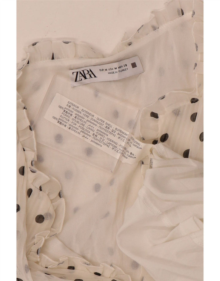 Vestido feminino ZARA manga comprida evasê Reino Unido 14 poliéster manchado branco médio