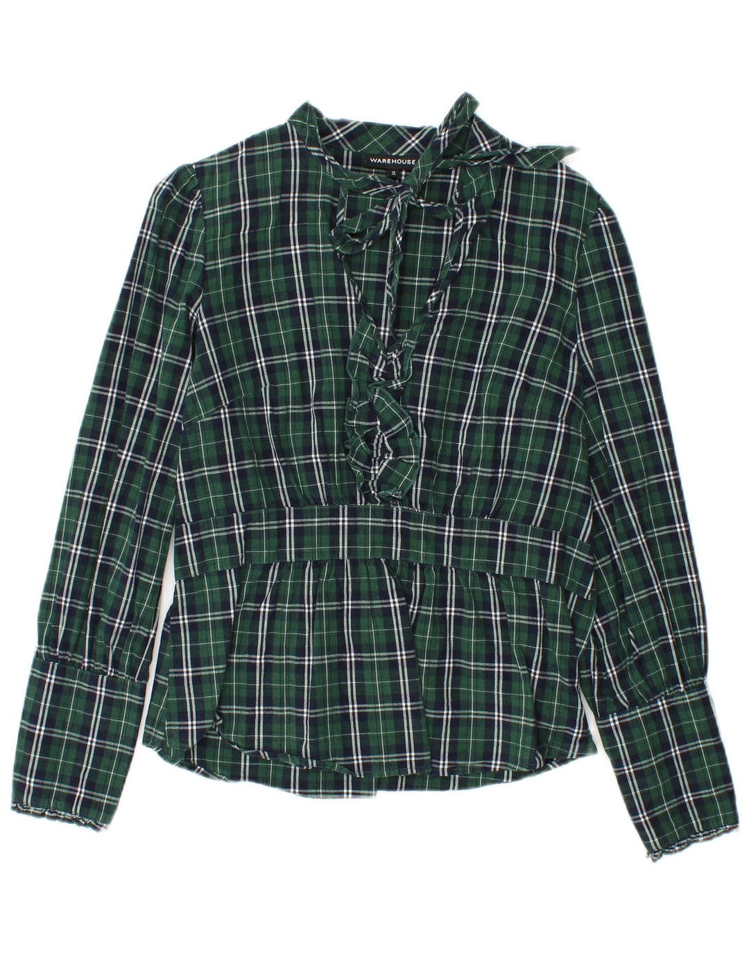 WAREHOUSE Blusa feminina de manga comprida UK 12 xadrez verde médio