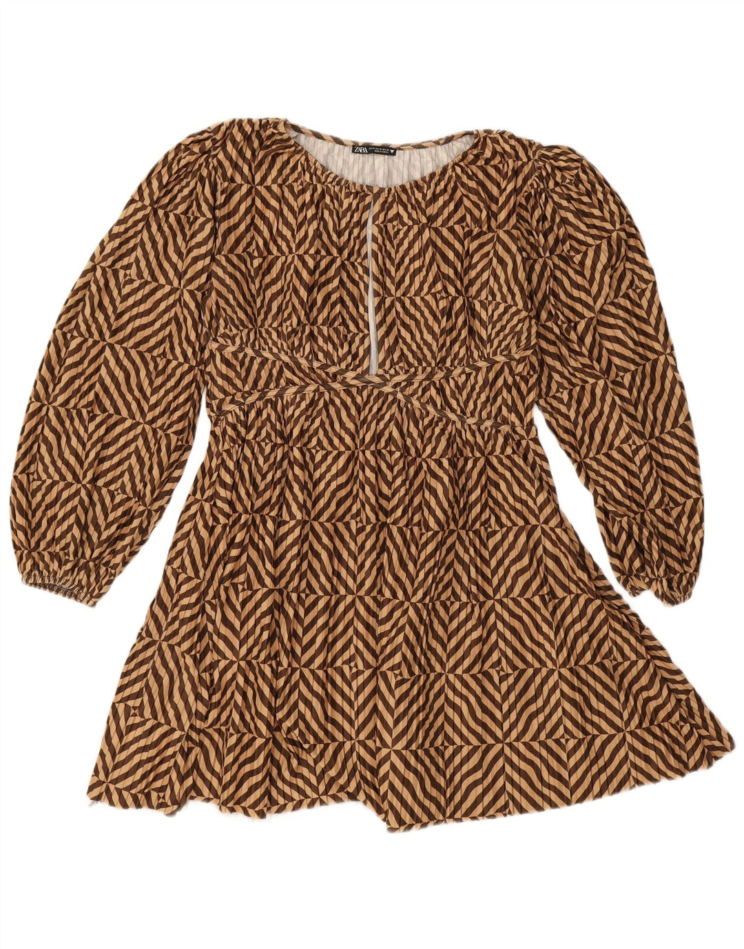 Vestido feminino Zara manga comprida evasê Reino Unido 14 poliéster listrado marrom médio