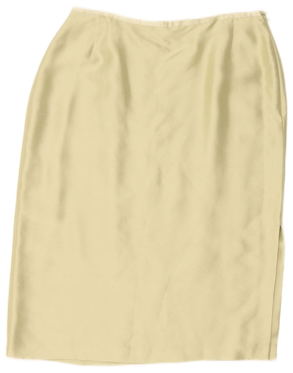 Saia reta feminina Marks & Spencer UK 14 médio W30 L27 seda verde