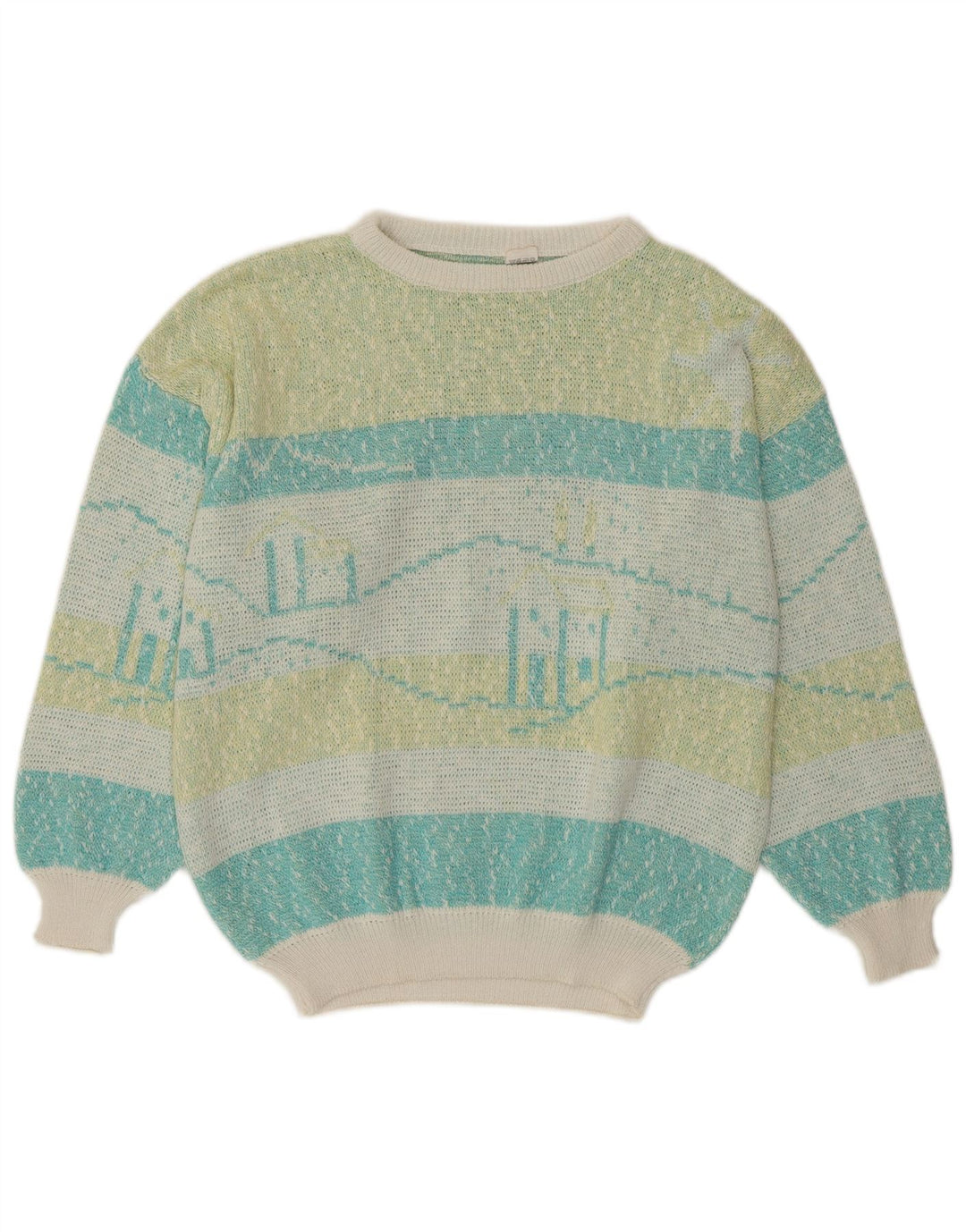 Suéter feminino VINTAGE com gola canoa UK 16 grande listrado multicolorido