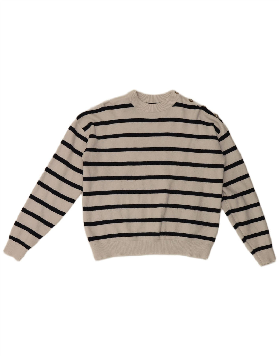 Suéter feminino Marks & Spencer com gola redonda UK 14 listrado branco médio