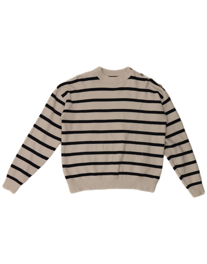 Suéter feminino Marks & Spencer com gola redonda UK 14 listrado branco médio