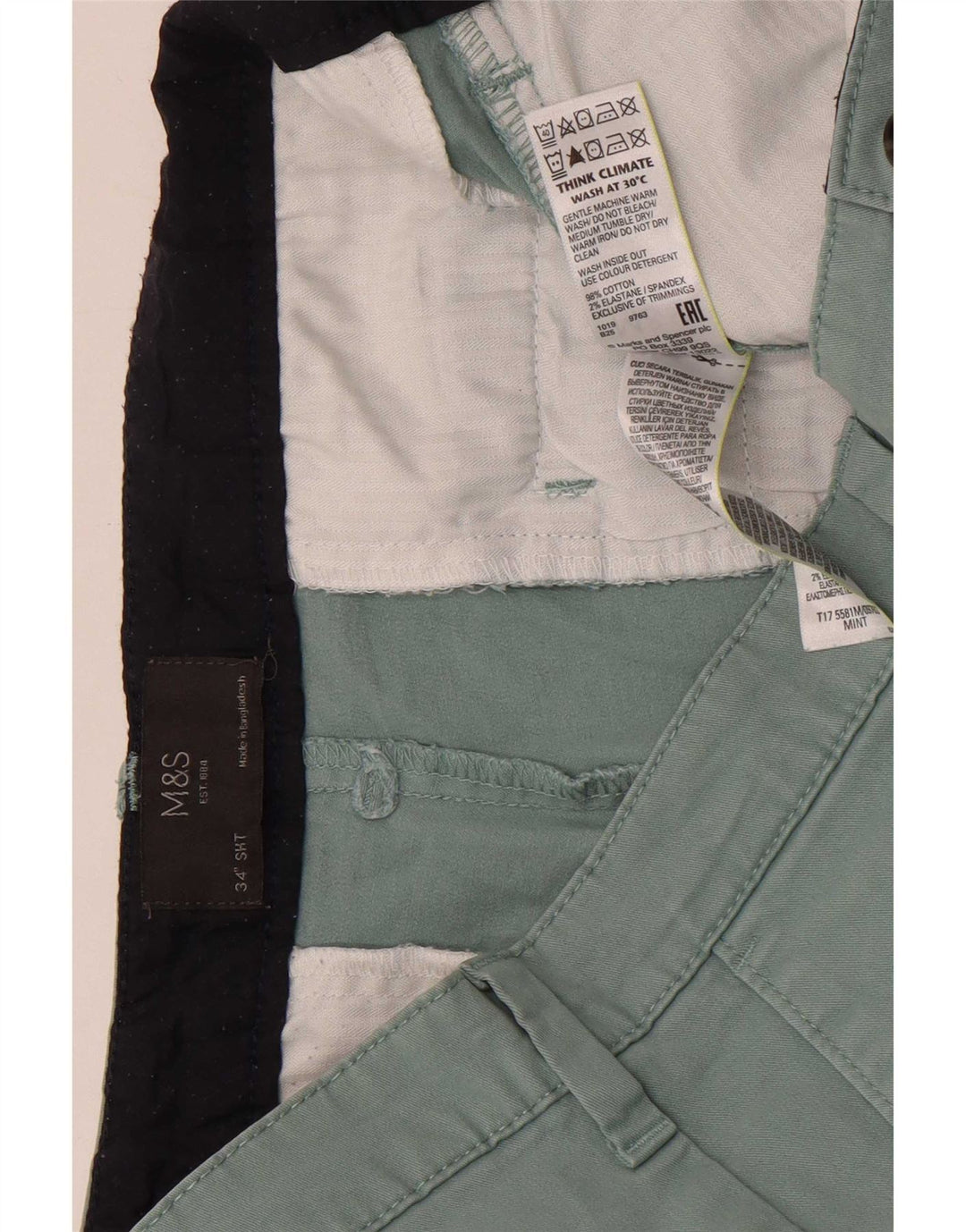 Shorts chino masculino Marks & Spencer W34 grande algodão verde