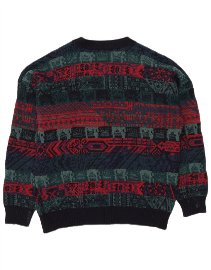 Suéter cardigã masculino vintage IT 52 grande lã geométrica multicolorida