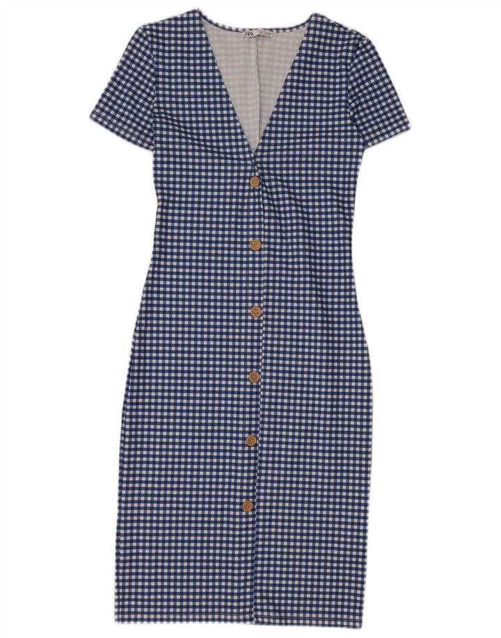 Vestido bodycon feminino Zara Reino Unido 8 pequeno poliéster azul guingão
