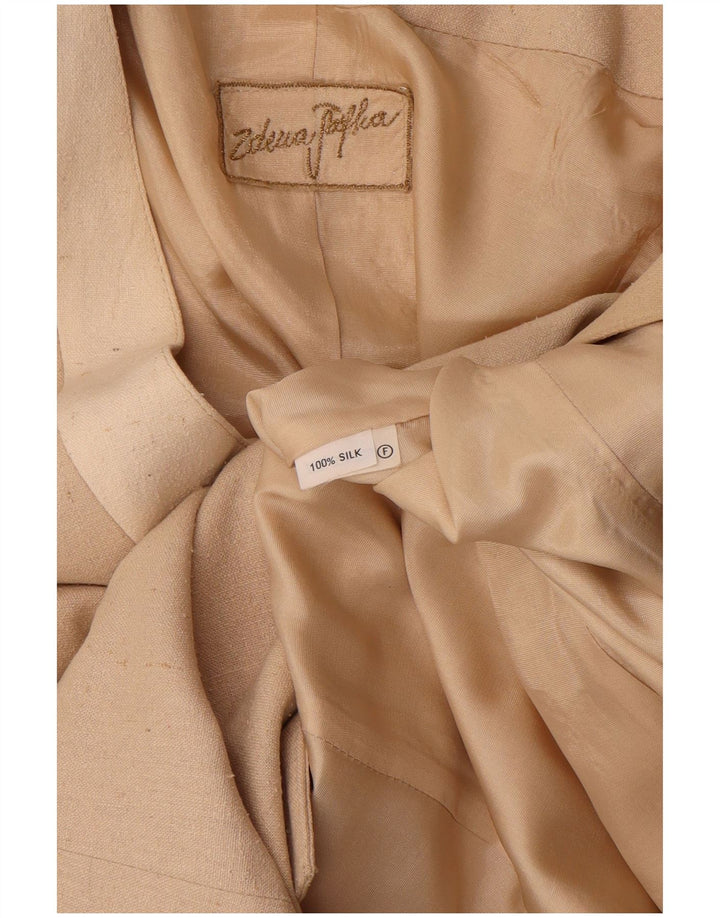 Jaqueta Blazer Feminina Vintage Longline 1 Botão Reino Unido 10 Pequena Seda Bege