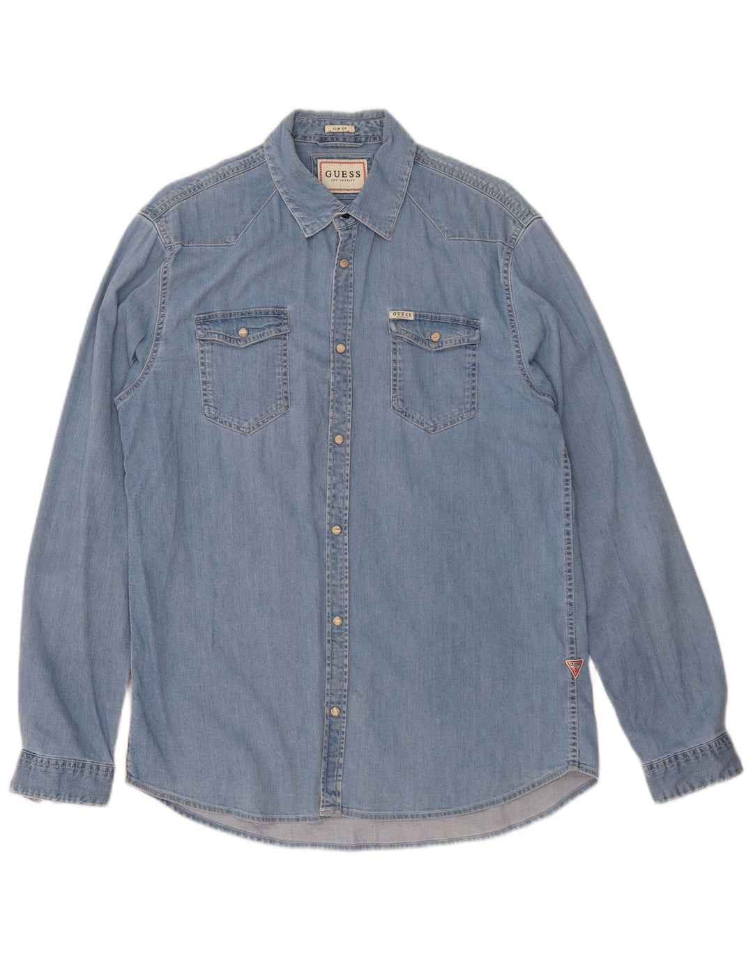Camisa jeans masculina Guess Slim Fit azul médio algodão