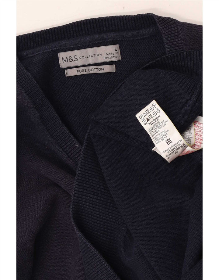 Suéter masculino Marks & Spencer com decote em V grande algodão azul marinho