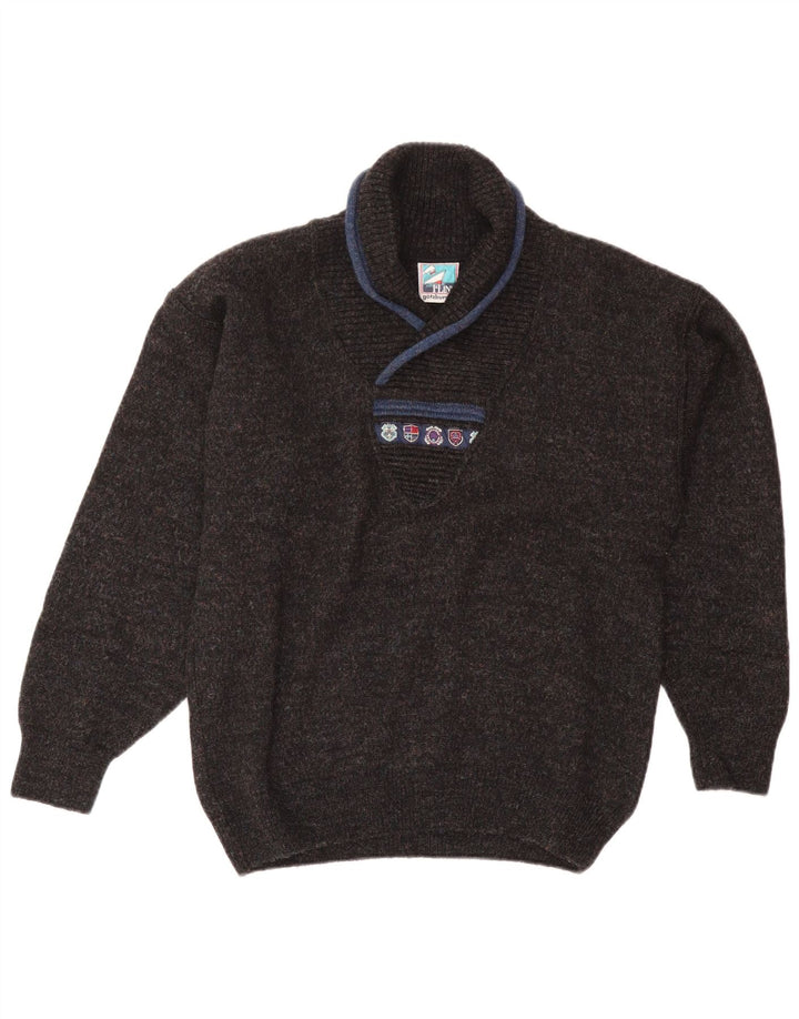 Suéter masculino vintage com gola xale de lã azul marinho médio