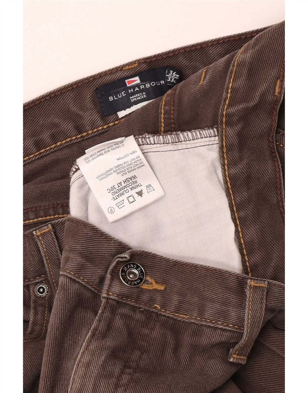 Calça jeans reta masculina Marks & Spencer Blue Harbor W36 L28 algodão marrom