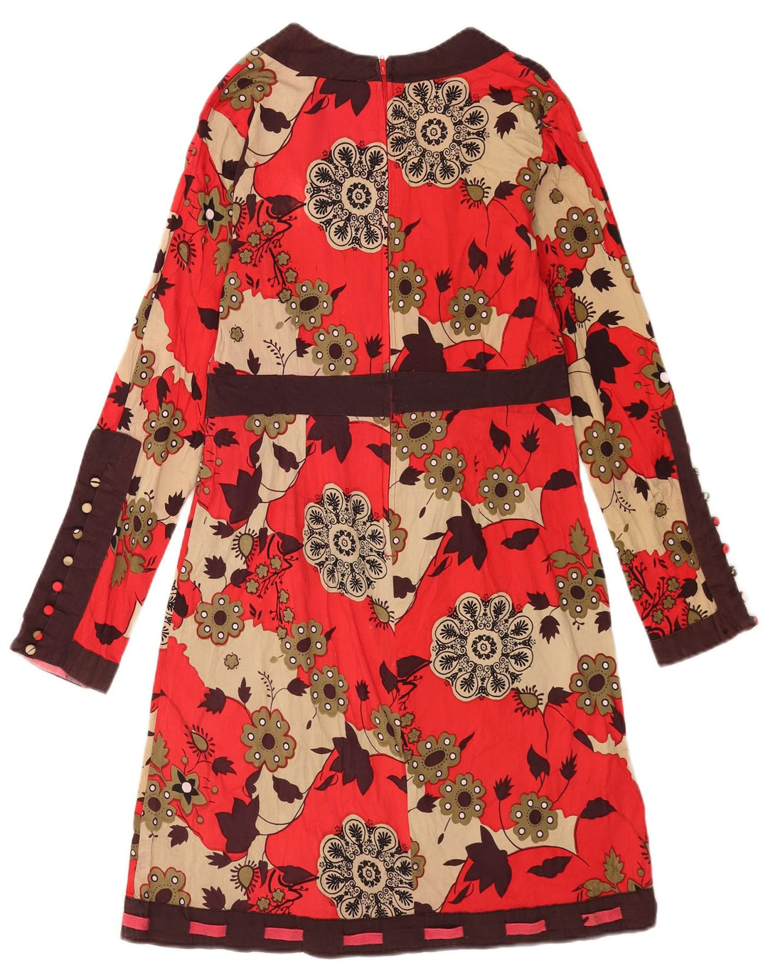 Vestido básico feminino vintage de manga comprida Reino Unido 12 algodão floral vermelho médio