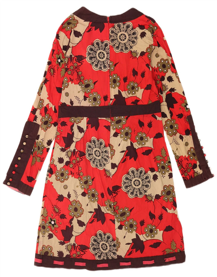 Vestido básico feminino vintage de manga comprida Reino Unido 12 algodão floral vermelho médio