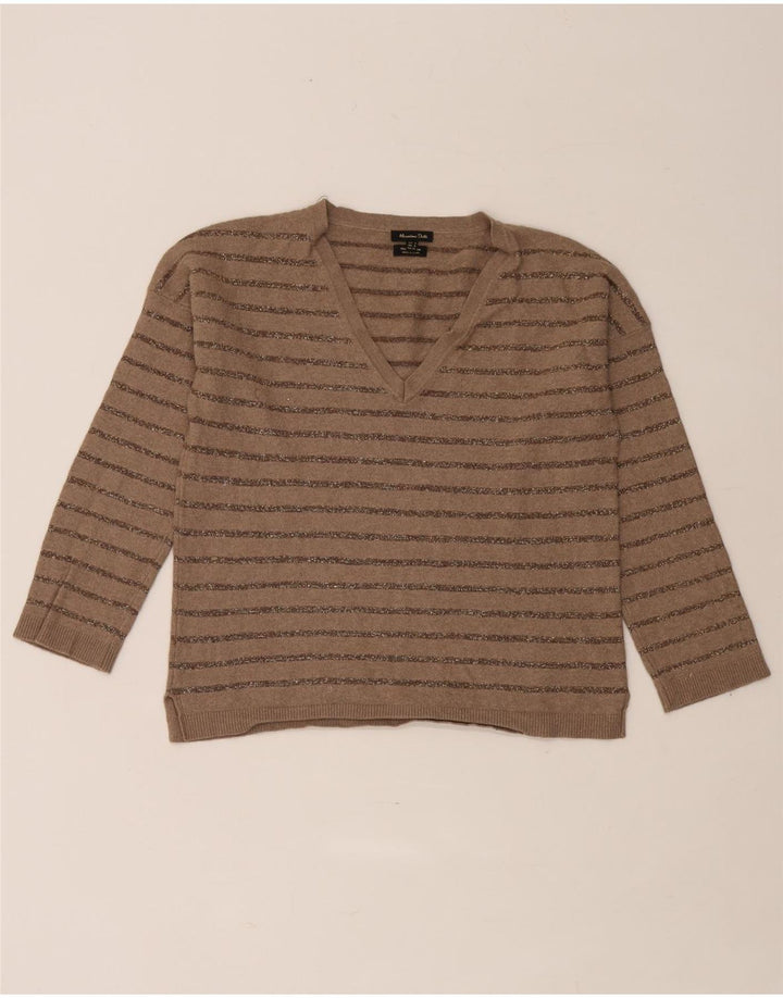 Suéter feminino Massimo Dutti com decote em V Reino Unido 10 listrado marrom pequeno