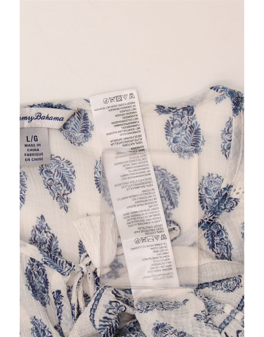 Blusa feminina TOMMY BAHAMA manga 3/4 Reino Unido 16 grande algodão paisley branco